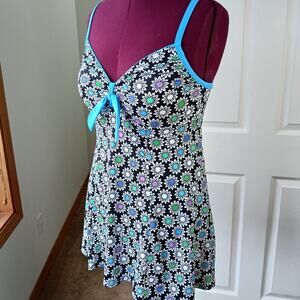 A Shore Fit One Piece Swim Dress size 14 retro floral built in padding EUC